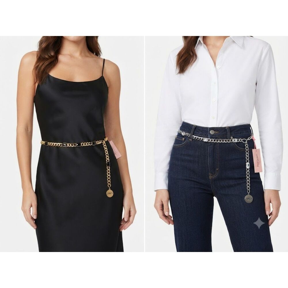 Juicy Couture Set of 2 Chain Belts Gold Black & Silver Clear Rhinestone M/L Y2K